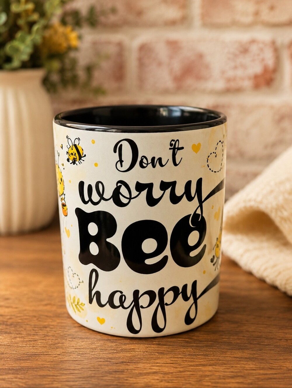 Hand Crafted Don't Worry Bee Happy Mug - Yellow, Black, White